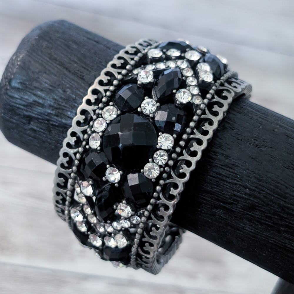 Vintage Chunky Cuff Bracelet Black & Clear Gems